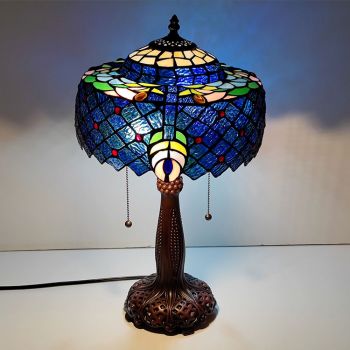 LongHuiJing Green Tiffany Style Table Lamp Blue Stained Glass Shade Antique Desk Light 12