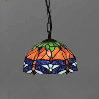 LongHuiJing 10Inch Tiffany Style Pendant Lamp Vintage Pastoral Stained Glass Dragonfly Shade E27 Ceiling Hanging Lights