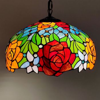 LongHuiJing Tiffany Style Pendant Lamp 16 Inch Vintage Pastoral Stained Glass Rose Flower Shade E27Ceiling Lights
