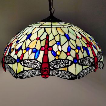 LongHuiJing 16Inch Tiffany Style Stained Glass Hanging Lamp Red Dragonfly Stained Glass Ceiling Light