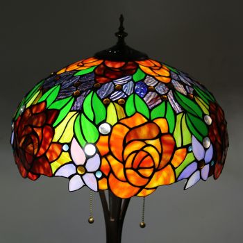 LongHuiJing Tiffany Style Floor Standing Lamp W16H63 Inch Tall Stained Glass Red Rose Shade 2E27 Antique Read Lighting
