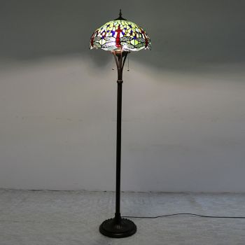 LongHuiJing Tiffany Style Floor Standing Lamp 63Inch Tall Stained Glass Red Dragonfly Design Shade 2 Light Antique Base