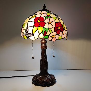 LongHuiJing Tiffany Lamp Red Stained Glass Style Butterfly Shade Table Reading Night Light W12H22Inch