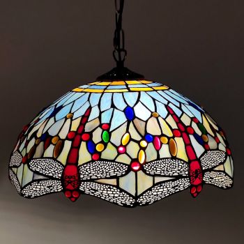 LongHuiJing Tiffany Style Pendant Lamp 16 Inch Vintage Pastoral Stained Glass Dragonfly Design Shade E27 Ceiling Light