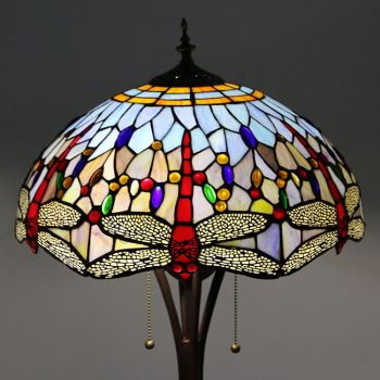 LongHuiJing Tiffany Style Floor Standing Lamp W16H63 Inch Tall Stained Glass Red Dragonfly Shade Antique Read Lighting