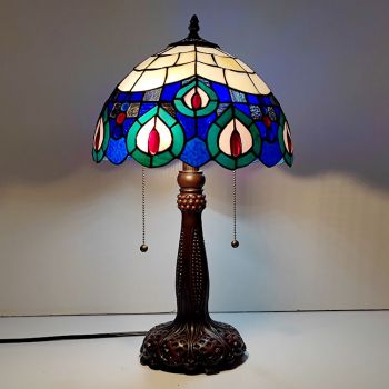LongHuiJing Tiffany Stained Glass Style Desk Light Peacock Feather Shade Table Reading Night Light W12H22Inch