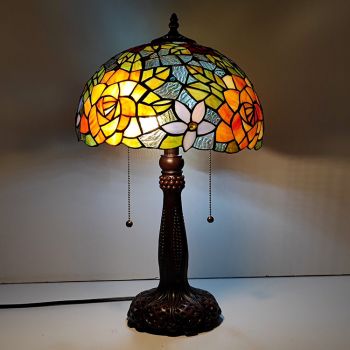 LongHuiJing Tiffany Stained Glass Style Desk Light Rose Shade Table Reading Night Light W12H22Inch