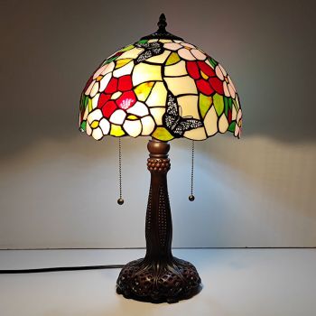 LongHuiJing Tiffany Lamp Red Stained Glass Style Butterfly Shade Table Reading Night Light W12H22Inch