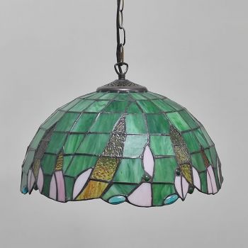 LongHuiJing 16Inch Tiffany Style Stained Glass Hanging Lamp Vintage Green Stained Glass Ceiling Light