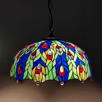 LongHuiJing 16Inch Tiffany Style Stained Glass Hanging Lamp Peacock Feather Stained Glass Ceiling Light