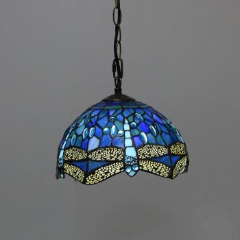 LongHuiJing 10Inch Tiffany Style Pendant Lamp Vintage Blue Dragonfly Stained Glass Shade E27 Ceiling Hanging Lights
