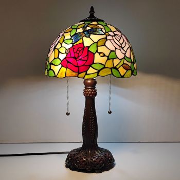 LongHuiJing Tiffany Stained Glass Style Desk Light Rose Flower Lampshade Table Reading Night Light W12H22Inch