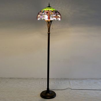 LongHuiJing Tiffany Floor Lamp Antique Standing Reading Light 63Inch Tall Stained Glass Red Dragonfly Shade Lights