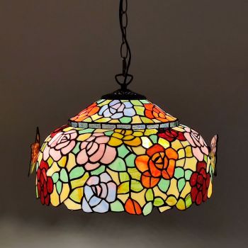LongHuiJing 16Inch Tiffany Style Stained Glass Hanging Lamp Butterfly Rose Stained Glass Ceiling Light