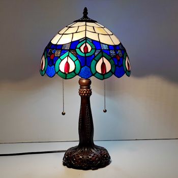 LongHuiJing Tiffany Stained Glass Style Desk Light Peacock Feather Shade Table Reading Night Light W12H22Inch