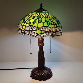LongHuiJing Tiffany Stained Glass Style Desk Light Dragonfly Green Color Shade Table Reading Night Light W12H22Inch