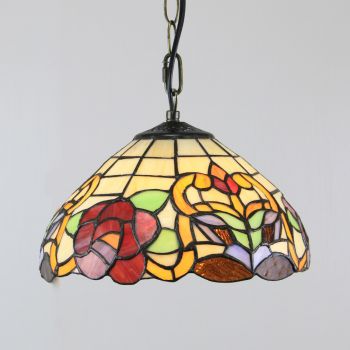 LongHuiJing 10Inch Tiffany Style Pendant Lamp Vintage Pastoral Stained Glass Rose Flower Shade E27 Ceiling Hanging Light