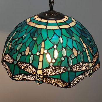 LongHuiJing 16Inch Tiffany Style Stained Glass Hanging Lamp Dragonfly Stained Glass Ceiling Light