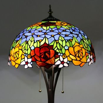 LongHuiJing Red Yellow Flower Tiffany Style Stained Glass Floor Lamp with 16-inch Wide Handmade Lampshade Metal Base