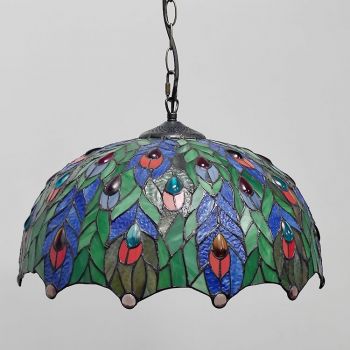 LongHuiJing 16Inch Tiffany Style Stained Glass Hanging Lamp Peacock Feather Stained Glass Ceiling Light