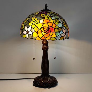 LongHuiJing Tiffany Stained Glass Style Desk Light Rose Shade Table Reading Night Light W12H22Inch