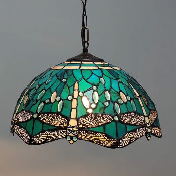LongHuiJing 16Inch Tiffany Style Stained Glass Hanging Lamp Dragonfly Stained Glass Ceiling Light