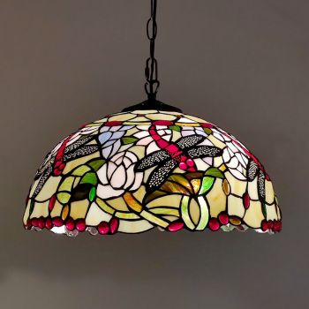 LongHuiJing 16Inch Dragonfly Tiffany Style Stained Glass Hanging Lamp Vintage Stained Glass Ceiling Light