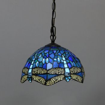 LongHuiJing 10Inch Tiffany Style Pendant Lamp Vintage Blue Dragonfly Stained Glass Shade E27 Ceiling Hanging Lights