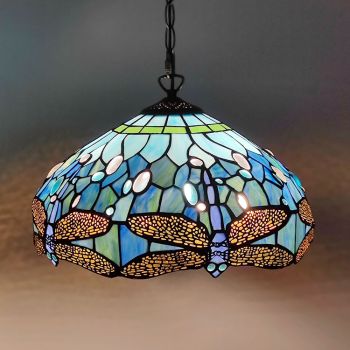 LongHuiJing 16Inch Tiffany Style Stained Glass Hanging Lamp Blue Dragonfly Stained Glass Ceiling Light