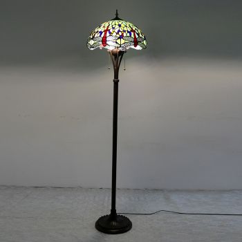 LongHuiJing Tiffany Style Floor Standing Lamp 63Inch Tall Stained Glass Red Dragonfly Design Shade 2 Light Antique Base