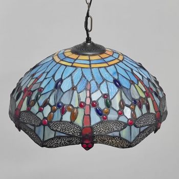 LongHuiJing Tiffany Style Pendant Lamp 16 Inch Vintage Pastoral Stained Glass Dragonfly Design Shade E27 Ceiling Light