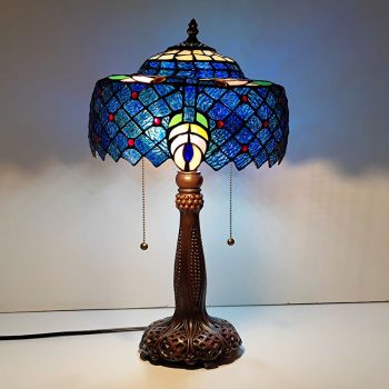 LongHuiJing Green Tiffany Style Table Lamp Blue Stained Glass Shade Antique Desk Light 12