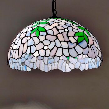 LongHuiJing 16Inch Tiffany Style Stained Glass Hanging Lamp Vintage Purple Wisteria Stained Glass Ceiling Light