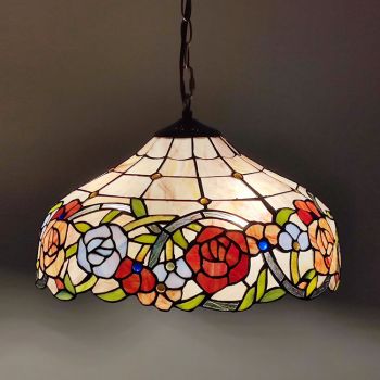 LongHuiJing 16Inch Tiffany Style Stained Glass Hanging Lamp Unique Rose Stained Glass Ceiling Light