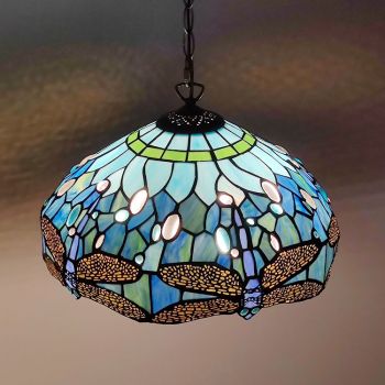 LongHuiJing 16Inch Tiffany Style Stained Glass Hanging Lamp Blue Dragonfly Stained Glass Ceiling Light