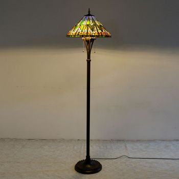 LongHuiJing Tiffany Floor Lamp Bright Antique Standing Reading Light 63" Tall Stained Glass Cone Lampshade Bamboo Design