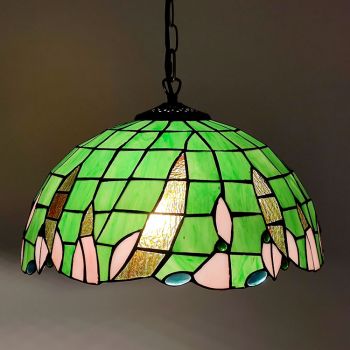 LongHuiJing 16Inch Tiffany Style Stained Glass Hanging Lamp Vintage Green Stained Glass Ceiling Light