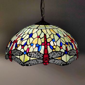 LongHuiJing 16Inch Tiffany Style Stained Glass Hanging Lamp Red Dragonfly Stained Glass Ceiling Light