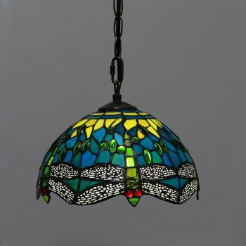 LongHuiJing 10Inch Tiffany Style Pendant Lamp Vintage Stained Glass Dragonfly Shade E27 Ceiling Hanging Lights