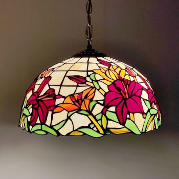 LongHuiJing 16Inch Red Floral Tiffany Style Stained Glass Hanging Lamp Butterfly Rose Stained Glass Ceiling Light