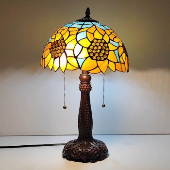 LongHuiJing Tiffany Stained Glass Style Desk Light Sunflower Lampshade Table Reading Night Light W12H22Inch