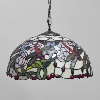 LongHuiJing 16Inch Dragonfly Tiffany Style Stained Glass Hanging Lamp Vintage Stained Glass Ceiling Light