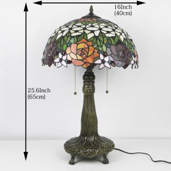 LongHuiJing 16Inch Tiffany Lamp Stained Glass Table Lamp Rose Flower Style Desk Reading Light Decor Lighting