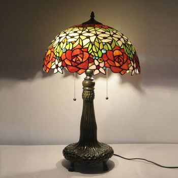 LongHuiJing 16Inch Tiffany Lamp Stained Glass Table Lamp Rose Flower Style Desk Reading Light Decor Lighting