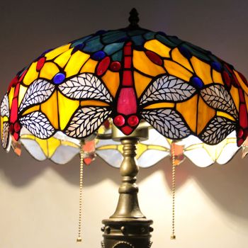 LongHuiJing 16Inch Retro Tiffany Table Lamp Stained Glass Red Dragonfly Lampshade Lights Handmade Glass Desk Decor Light