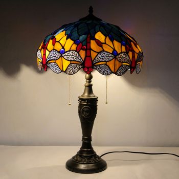 LongHuiJing 16Inch Retro Tiffany Table Lamp Stained Glass Red Dragonfly Lampshade Lights Handmade Glass Desk Decor Light
