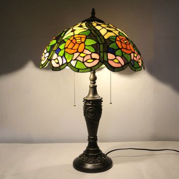 LongHuiJing 16Inch Retro Tiffany Table Lamp Red Stained Glass Yellow Rose Lampshade Lights Handmade Glass Desk Lamps