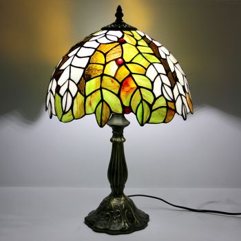 LongHuiJing 12Inch Tiffany Lamp Stained Glass Bedside Table Lamp Leafs Yellow Style Reading Desk Light 18