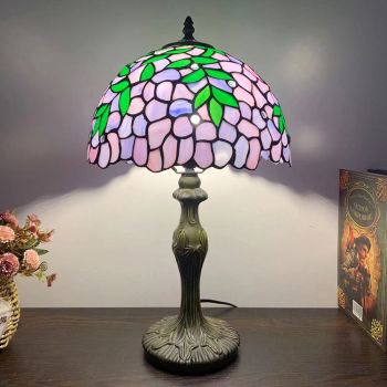 LongHuiJing Tiffany Style Table Lamp Green Leafs Purple Stained Glass Lampshade Desk Lighting 12W18H