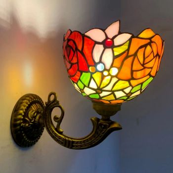 LongHuiJing 8Inch Tiffany Style Wall Lamp Stained Glass Wall Sconce Lights  Handmade Decor Flush Mount LED Mirror Light 